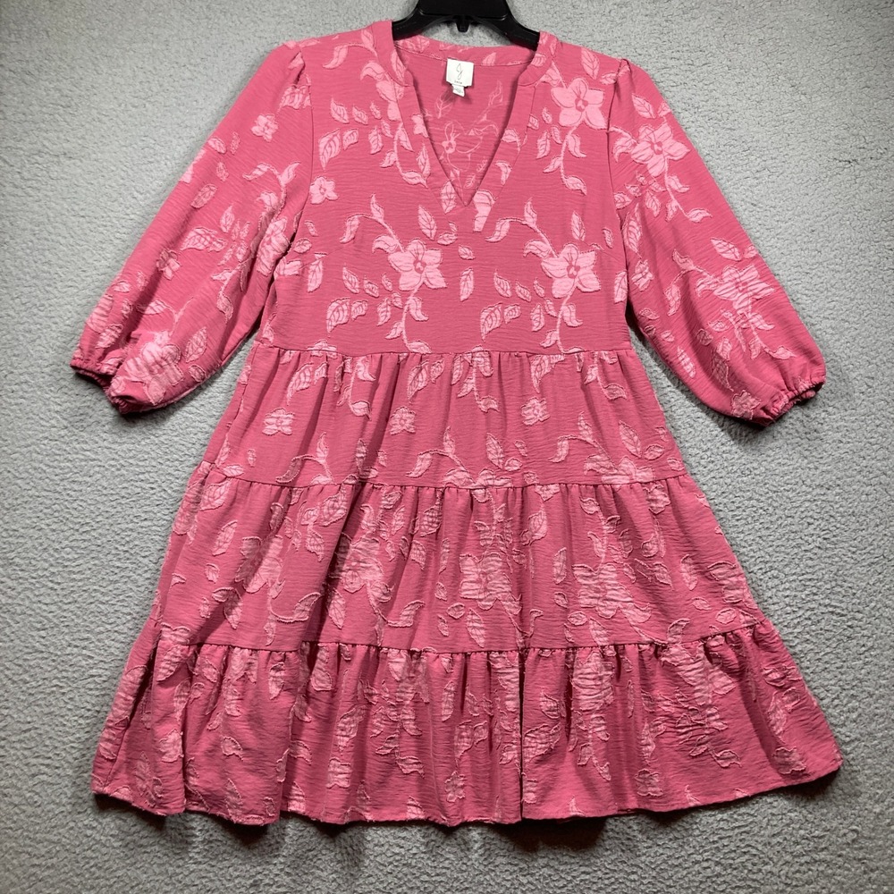 Joie Mini Dress Womens Large Pink Floral Fil-Coupe Tiered V-Neck 3/4 Sleeve